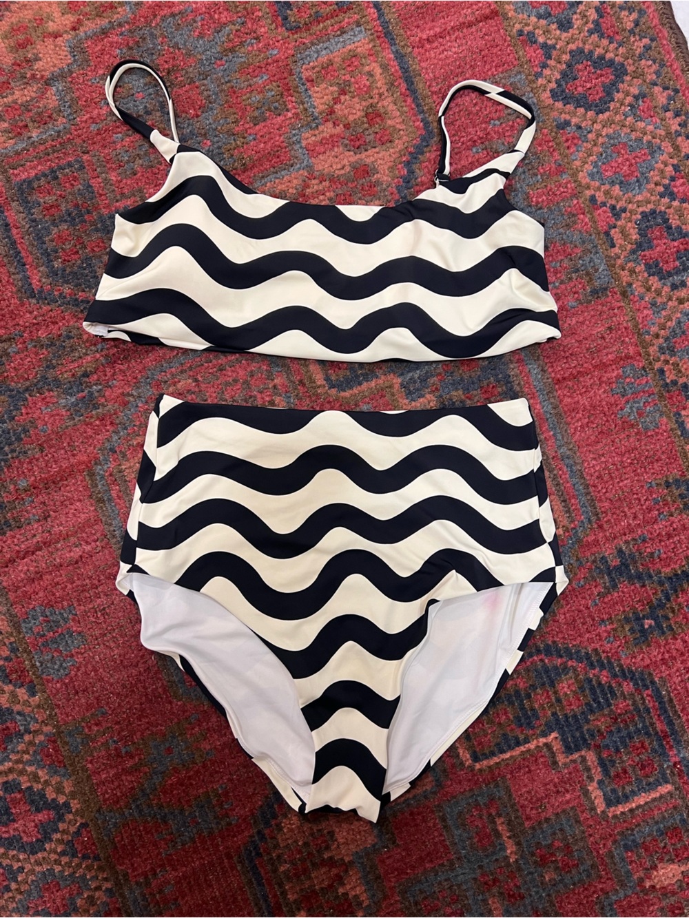 Hanna Andersson Black & White Wavy Stripe High-Waist Bikini